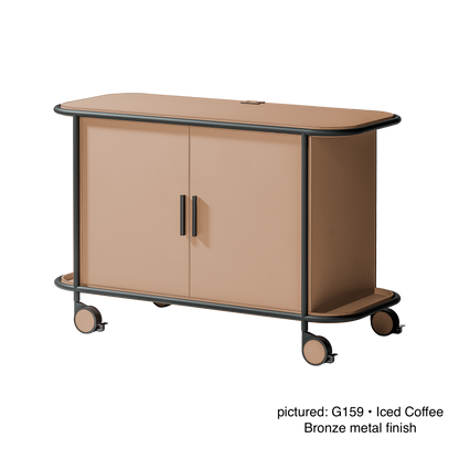 Giobagnara | Arcade Bar Cart: Leather-covered wood bar cart with configurable storage, capsule, shelving, and fridge options | Serveware + Hospitality / Coffee & Tea Organizers | 2Jour Concierge, your luxury lifestyle shop | premium hospitality furniture for expensive interiors, luxury bar and coffee service, hotel suites, private residences, and executive office spaces