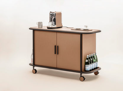 Giobagnara | Arcade Bar Cart: Leather-covered wood bar cart with configurable storage, capsule, shelving, and fridge options | Serveware + Hospitality / Coffee & Tea Organizers | 2Jour Concierge, your luxury lifestyle shop | premium hospitality furniture for expensive interiors, luxury bar and coffee service, hotel suites, private residences, and executive office spaces