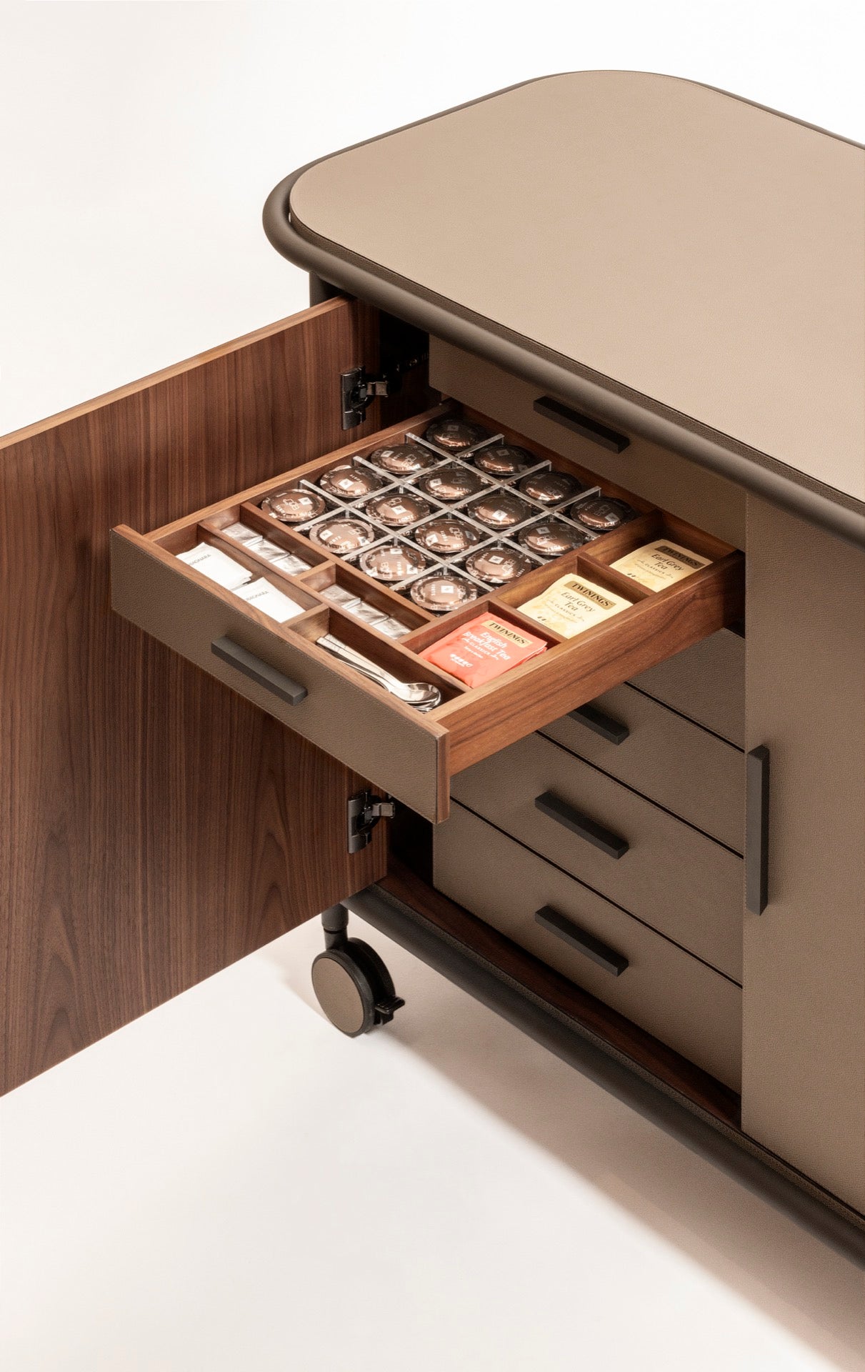 Giobagnara | Arcade Bar Cart: Leather-covered wood bar cart with configurable storage, capsule, shelving, and fridge options | Serveware + Hospitality / Coffee & Tea Organizers | 2Jour Concierge, your luxury lifestyle shop | premium hospitality furniture for expensive interiors, luxury bar and coffee service, hotel suites, private residences, and executive office spaces