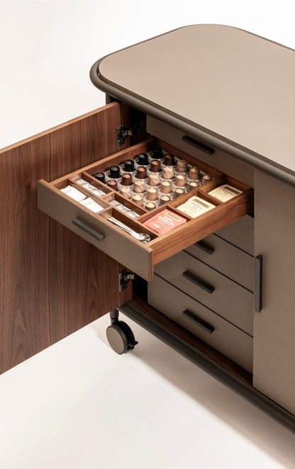 Giobagnara | Arcade Bar Cart: Leather-covered wood bar cart with configurable storage, capsule, shelving, and fridge options | Serveware + Hospitality / Coffee & Tea Organizers | 2Jour Concierge, your luxury lifestyle shop | premium hospitality furniture for expensive interiors, luxury bar and coffee service, hotel suites, private residences, and executive office spaces