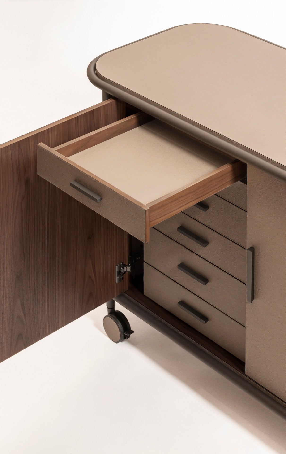 Giobagnara | Arcade Bar Cart: Leather-covered wood bar cart with configurable storage, capsule, shelving, and fridge options | Serveware + Hospitality / Coffee & Tea Organizers | 2Jour Concierge, your luxury lifestyle shop | premium hospitality furniture for expensive interiors, luxury bar and coffee service, hotel suites, private residences, and executive office spaces