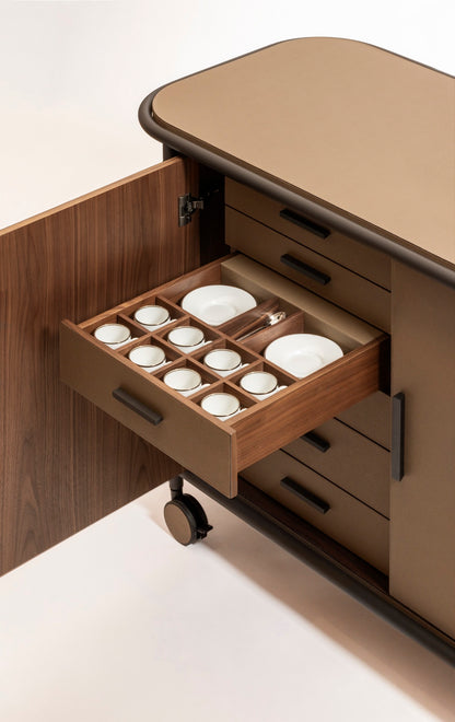 Giobagnara | Arcade Bar Cart: Leather-covered wood bar cart with configurable storage, capsule, shelving, and fridge options | Serveware + Hospitality / Coffee & Tea Organizers | 2Jour Concierge, your luxury lifestyle shop | premium hospitality furniture for expensive interiors, luxury bar and coffee service, hotel suites, private residences, and executive office spaces
