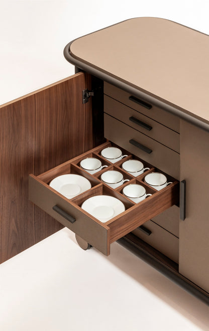 Giobagnara | Arcade Bar Cart: Leather-covered wood bar cart with configurable storage, capsule, shelving, and fridge options | Serveware + Hospitality / Coffee & Tea Organizers | 2Jour Concierge, your luxury lifestyle shop | premium hospitality furniture for expensive interiors, luxury bar and coffee service, hotel suites, private residences, and executive office spaces