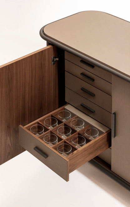 Giobagnara | Arcade Bar Cart: Leather-covered wood bar cart with configurable storage, capsule, shelving, and fridge options | Serveware + Hospitality / Coffee & Tea Organizers | 2Jour Concierge, your luxury lifestyle shop | premium hospitality furniture for expensive interiors, luxury bar and coffee service, hotel suites, private residences, and executive office spaces