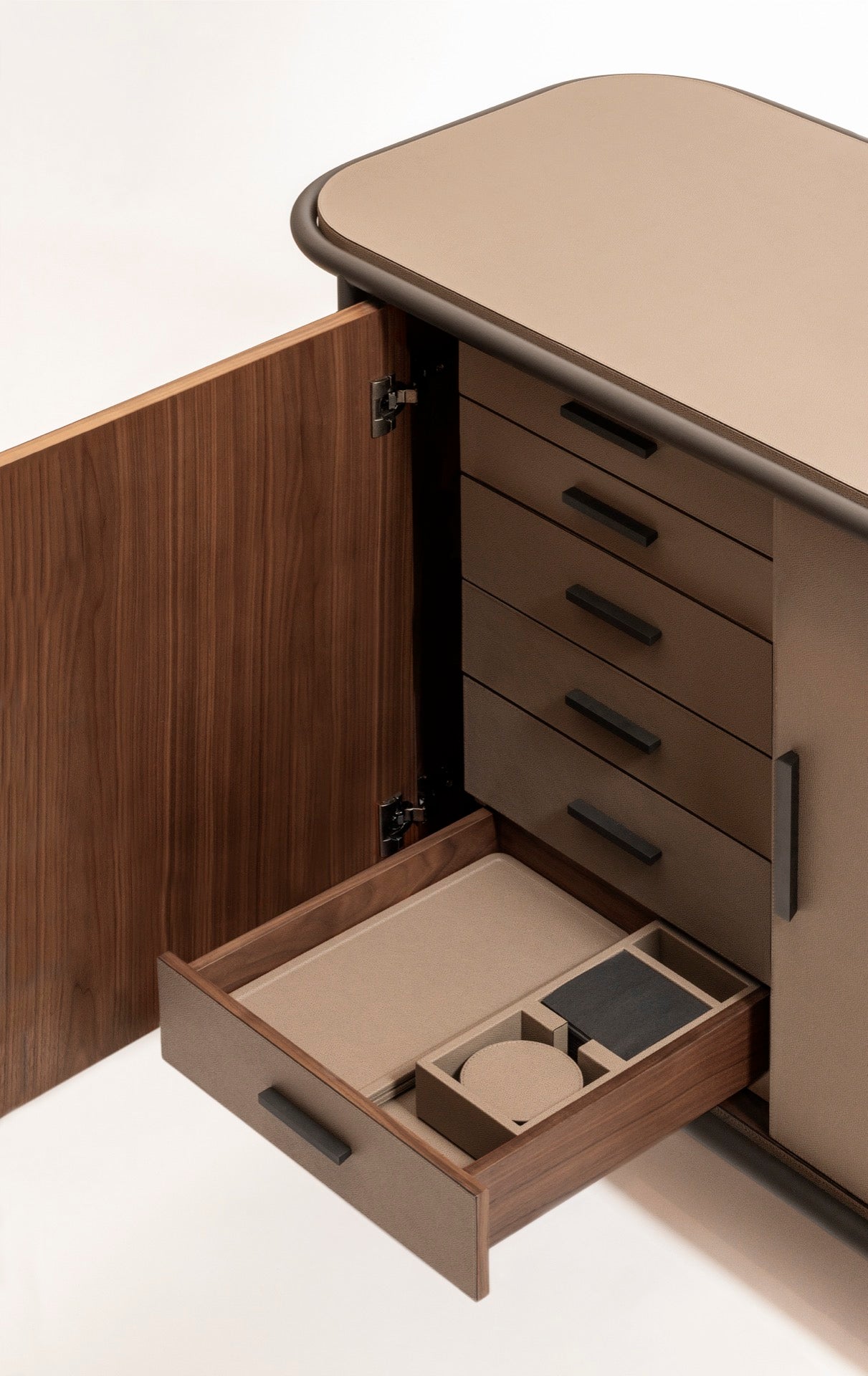 Giobagnara | Arcade Bar Cart: Leather-covered wood bar cart with configurable storage, capsule, shelving, and fridge options | Serveware + Hospitality / Coffee & Tea Organizers | 2Jour Concierge, your luxury lifestyle shop | premium hospitality furniture for expensive interiors, luxury bar and coffee service, hotel suites, private residences, and executive office spaces