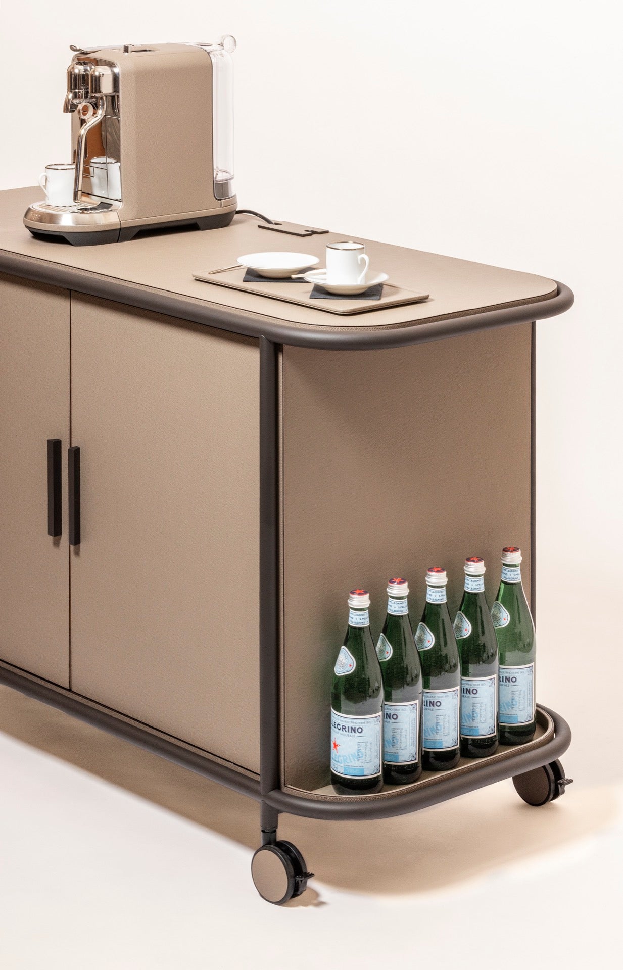 Giobagnara | Arcade Bar Cart: Leather-covered wood bar cart with configurable storage, capsule, shelving, and fridge options | Serveware + Hospitality / Coffee & Tea Organizers | 2Jour Concierge, your luxury lifestyle shop | premium hospitality furniture for expensive interiors, luxury bar and coffee service, hotel suites, private residences, and executive office spaces