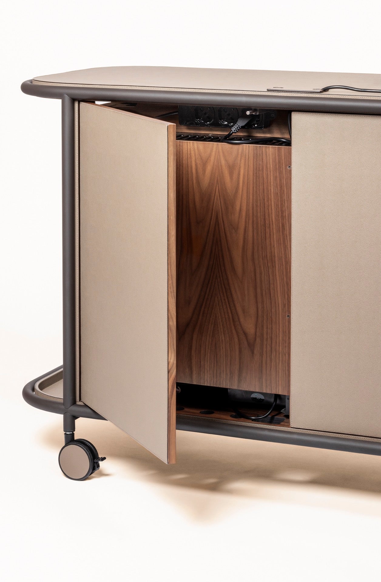 Giobagnara | Arcade Bar Cart: Leather-covered wood bar cart with configurable storage, capsule, shelving, and fridge options | Serveware + Hospitality / Coffee & Tea Organizers | 2Jour Concierge, your luxury lifestyle shop | premium hospitality furniture for expensive interiors, luxury bar and coffee service, hotel suites, private residences, and executive office spaces