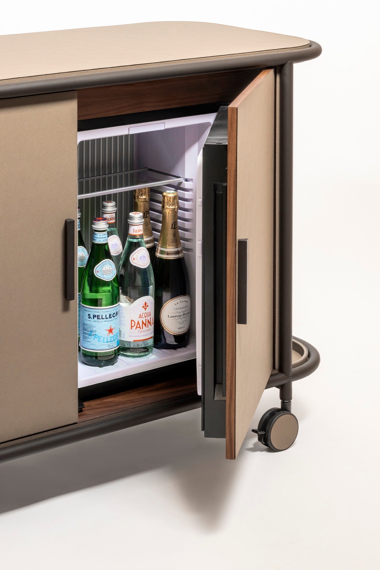 Giobagnara | Arcade Bar Cart: Leather-covered wood bar cart with configurable storage, capsule, shelving, and fridge options | Serveware + Hospitality / Coffee & Tea Organizers | 2Jour Concierge, your luxury lifestyle shop | premium hospitality furniture for expensive interiors, luxury bar and coffee service, hotel suites, private residences, and executive office spaces