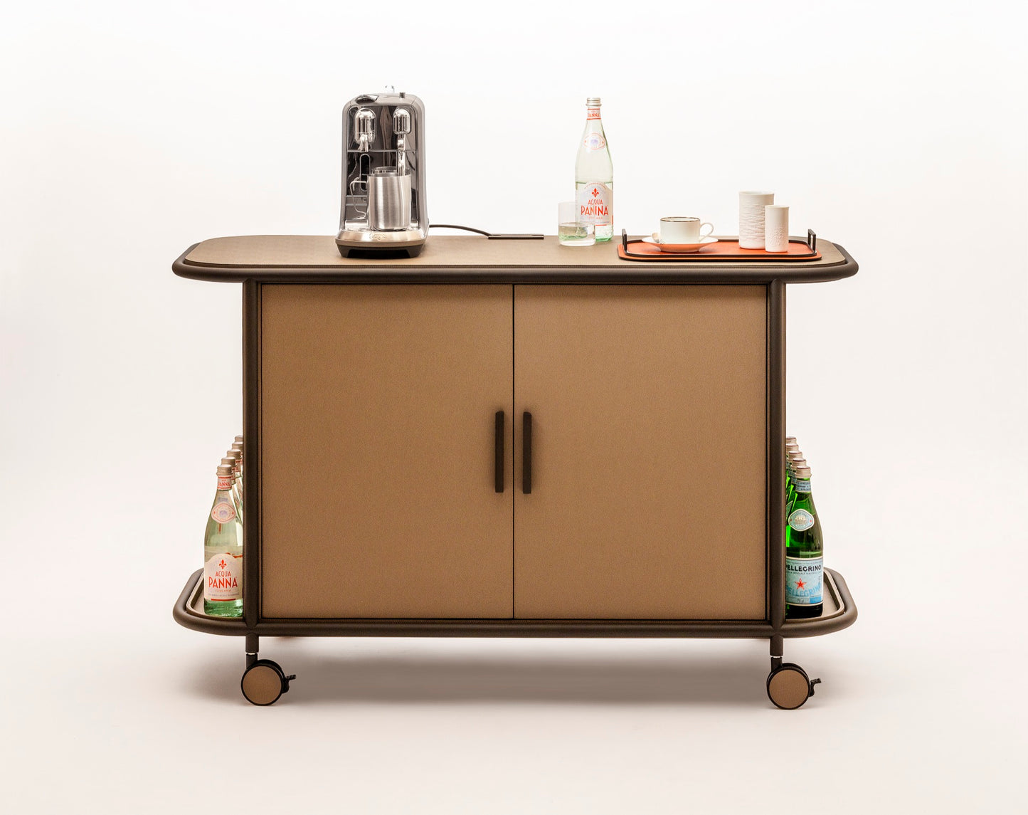 Giobagnara | Arcade Bar Cart: Leather-covered wood bar cart with configurable storage, capsule, shelving, and fridge options | Serveware + Hospitality / Coffee & Tea Organizers | 2Jour Concierge, your luxury lifestyle shop | premium hospitality furniture for expensive interiors, luxury bar and coffee service, hotel suites, private residences, and executive office spaces