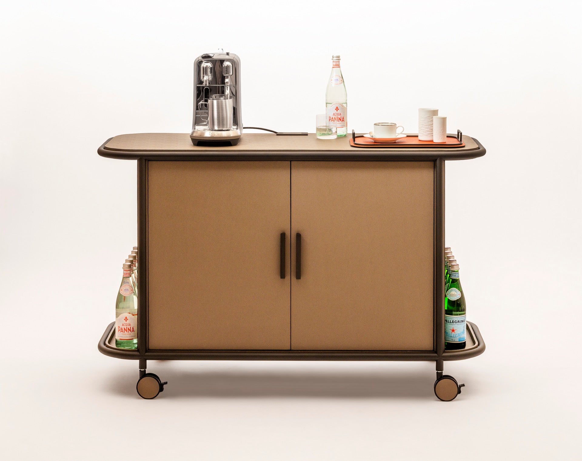 Giobagnara | Arcade Bar Cart: Leather-covered wood bar cart with configurable storage, capsule, shelving, and fridge options | Serveware + Hospitality / Coffee & Tea Organizers | 2Jour Concierge, your luxury lifestyle shop | premium hospitality furniture for expensive interiors, luxury bar and coffee service, hotel suites, private residences, and executive office spaces
