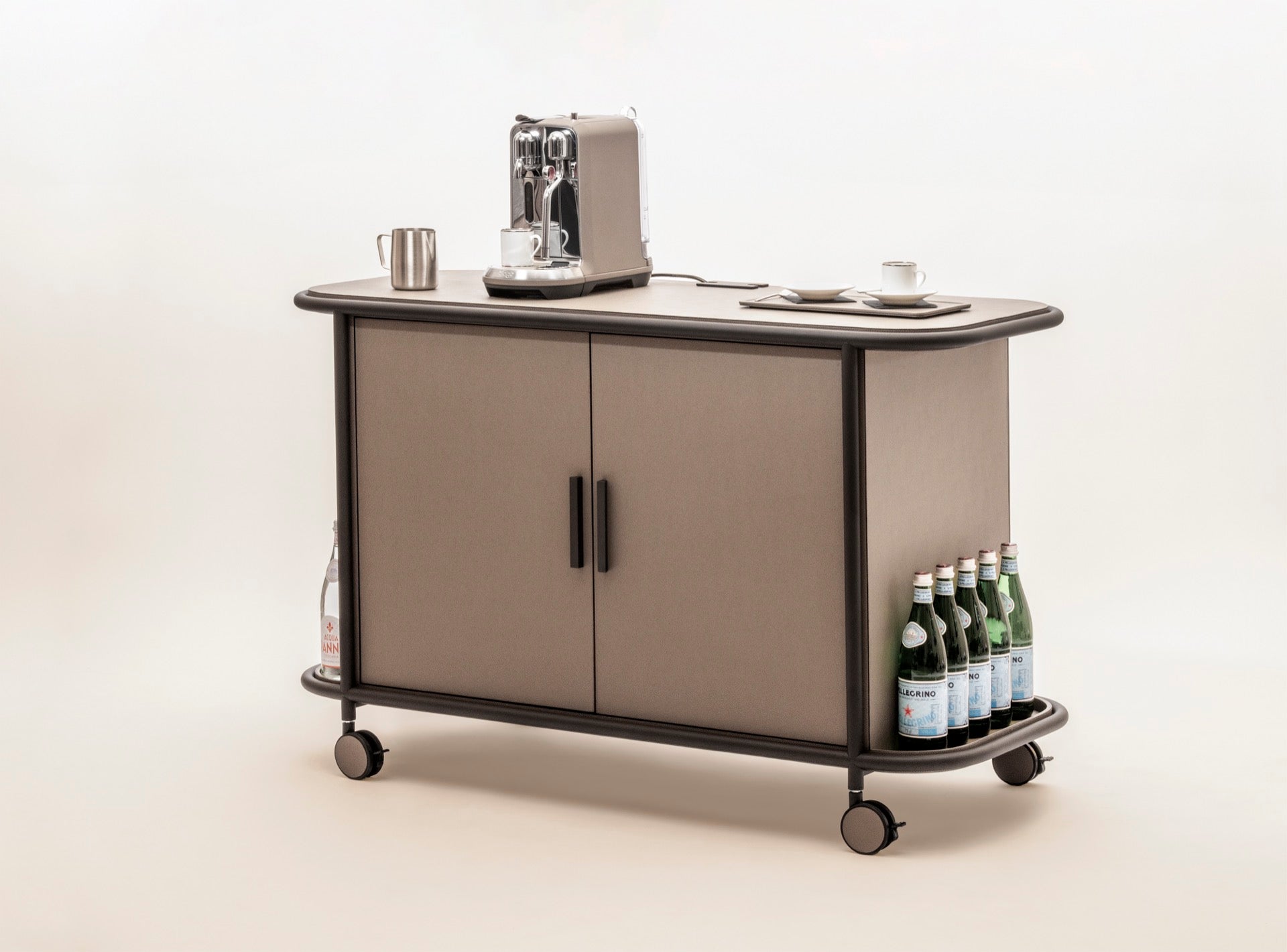 Giobagnara | Arcade Bar Cart: Leather-covered wood bar cart with configurable storage, capsule, shelving, and fridge options | Serveware + Hospitality / Coffee & Tea Organizers | 2Jour Concierge, your luxury lifestyle shop | premium hospitality furniture for expensive interiors, luxury bar and coffee service, hotel suites, private residences, and executive office spaces