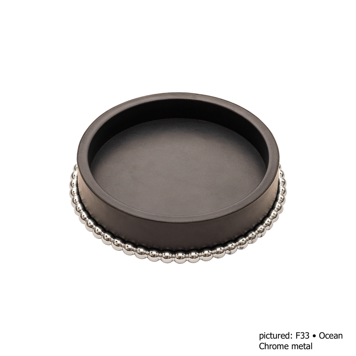 Giobagnara | Perla Round Valet Tray: Leather-covered round form with metal ring of linked spheres in chrome, bronze, or brass | Decor | 2Jour Concierge, your luxury lifestyle shop | luxury valet tray, Giobagnara Perla, round leather tray, Italian luxury decor, designer catch-all tray