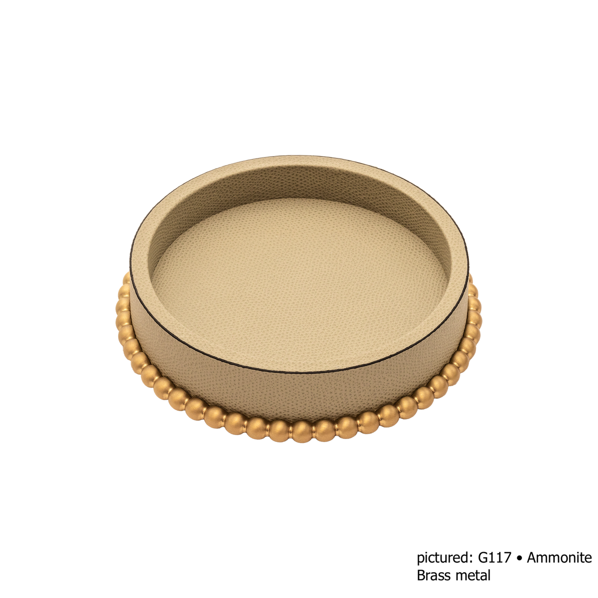 Giobagnara | Perla Round Valet Tray: Leather-covered round form with metal ring of linked spheres in chrome, bronze, or brass | Decor | 2Jour Concierge, your luxury lifestyle shop | luxury valet tray, Giobagnara Perla, round leather tray, Italian luxury decor, designer catch-all tray