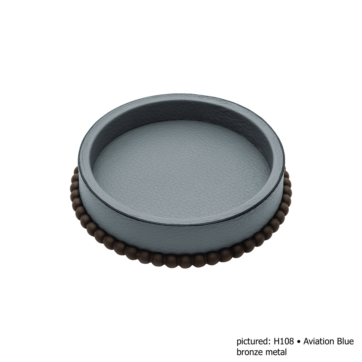 Giobagnara | Perla Round Valet Tray: Leather-covered round form with metal ring of linked spheres in chrome, bronze, or brass | Decor | 2Jour Concierge, your luxury lifestyle shop | luxury valet tray, Giobagnara Perla, round leather tray, Italian luxury decor, designer catch-all tray