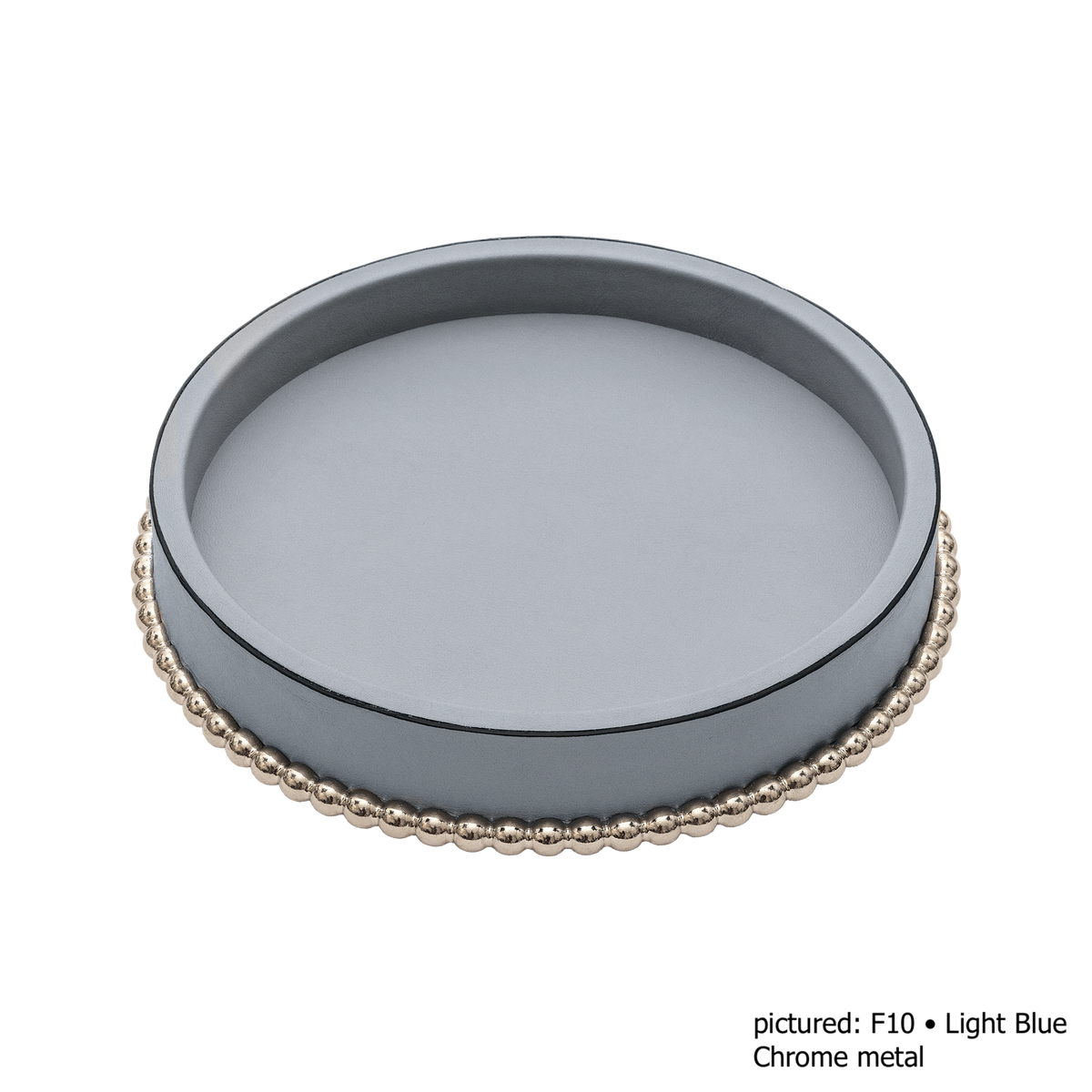 Giobagnara | Perla Round Valet Tray: Leather-covered round form with metal ring of linked spheres in chrome, bronze, or brass | Decor | 2Jour Concierge, your luxury lifestyle shop | luxury valet tray, Giobagnara Perla, round leather tray, Italian luxury decor, designer catch-all tray