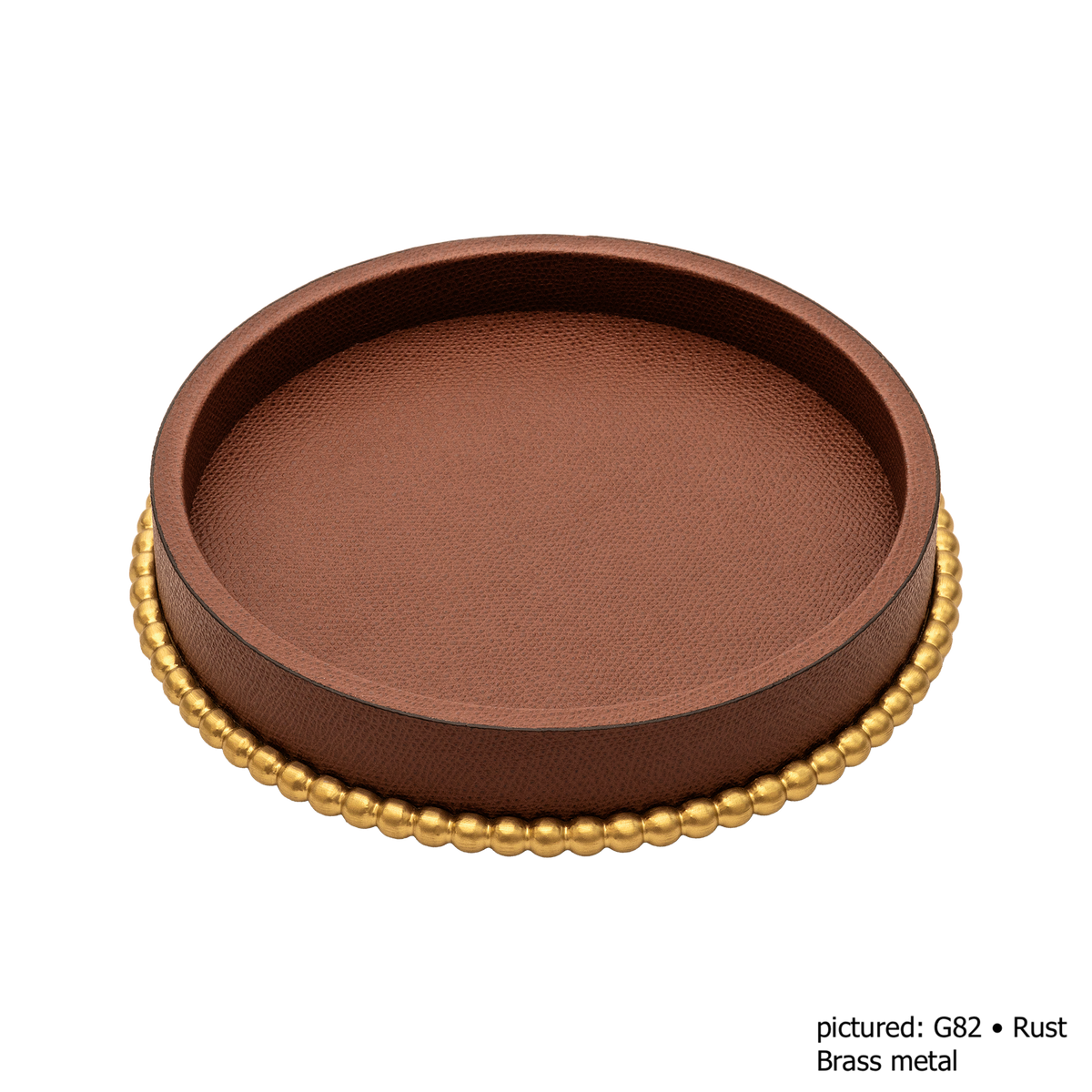 Giobagnara | Perla Round Valet Tray: Leather-covered round form with metal ring of linked spheres in chrome, bronze, or brass | Decor | 2Jour Concierge, your luxury lifestyle shop | luxury valet tray, Giobagnara Perla, round leather tray, Italian luxury decor, designer catch-all tray