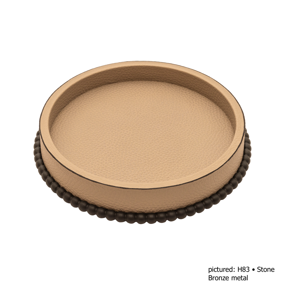 Giobagnara | Perla Round Valet Tray: Leather-covered round form with metal ring of linked spheres in chrome, bronze, or brass | Decor | 2Jour Concierge, your luxury lifestyle shop | luxury valet tray, Giobagnara Perla, round leather tray, Italian luxury decor, designer catch-all tray