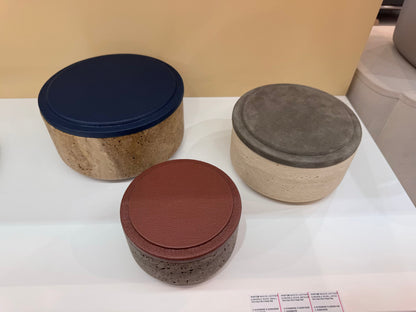 Giobagnara | Naxos Leather & Marble Bowl: Travertine marble bowl with leather-covered lid in multiple sizes | Decor / Trinket Boxes | 2Jour Concierge, your luxury lifestyle shop | luxury decorative storage, premium stone objects for expensive interiors, bedside tables, desks, and curated shelving