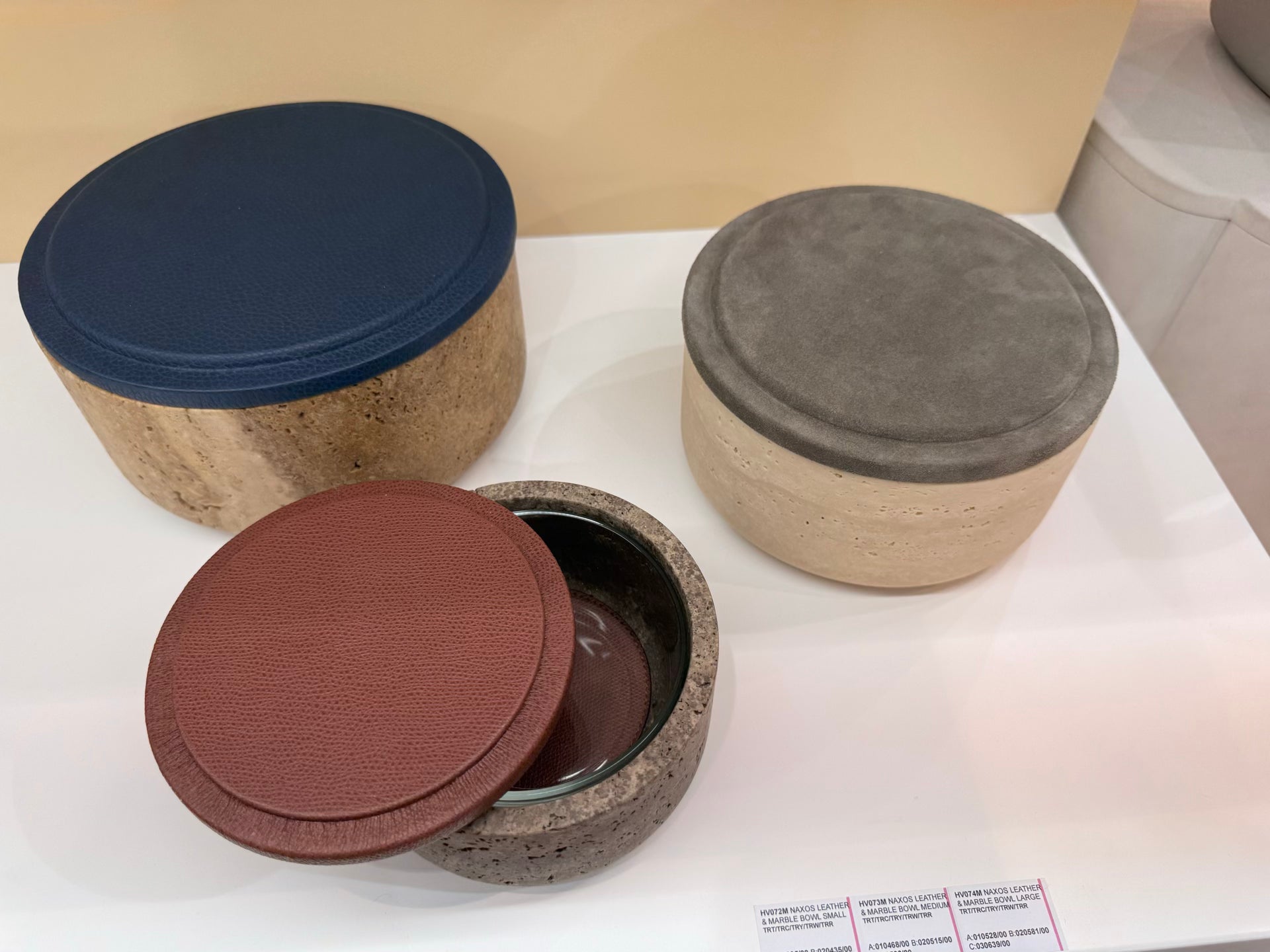 Giobagnara | Naxos Leather & Marble Bowl: Travertine marble bowl with leather-covered lid in multiple sizes | Decor / Trinket Boxes | 2Jour Concierge, your luxury lifestyle shop | luxury decorative storage, premium stone objects for expensive interiors, bedside tables, desks, and curated shelving