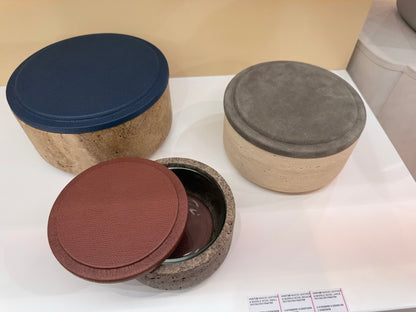 Giobagnara | Naxos Leather & Marble Bowl: Travertine marble bowl with leather-covered lid in multiple sizes | Decor / Trinket Boxes | 2Jour Concierge, your luxury lifestyle shop | luxury decorative storage, premium stone objects for expensive interiors, bedside tables, desks, and curated shelving