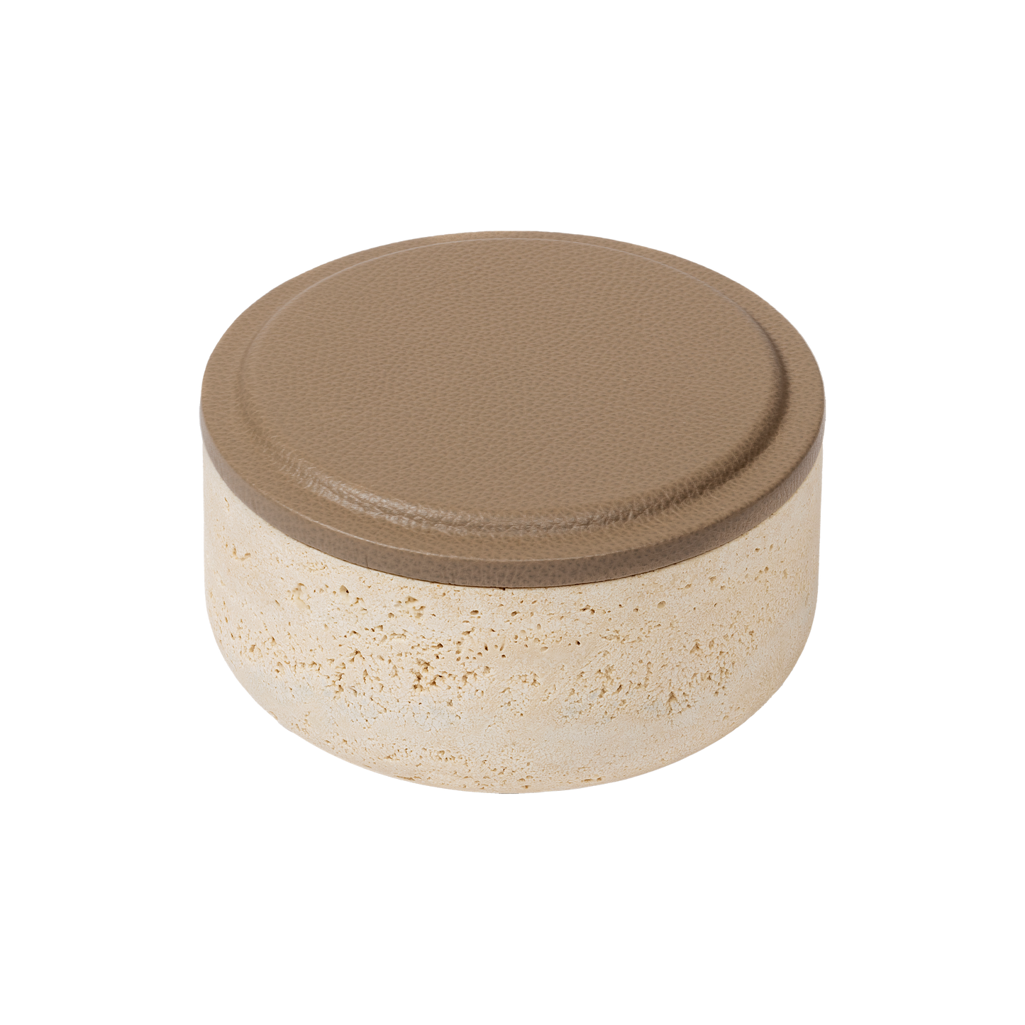 Giobagnara | Naxos Leather & Marble Bowl: Travertine marble bowl with leather-covered lid in multiple sizes | Decor / Trinket Boxes | 2Jour Concierge, your luxury lifestyle shop | luxury decorative storage, premium stone objects for expensive interiors, bedside tables, desks, and curated shelving