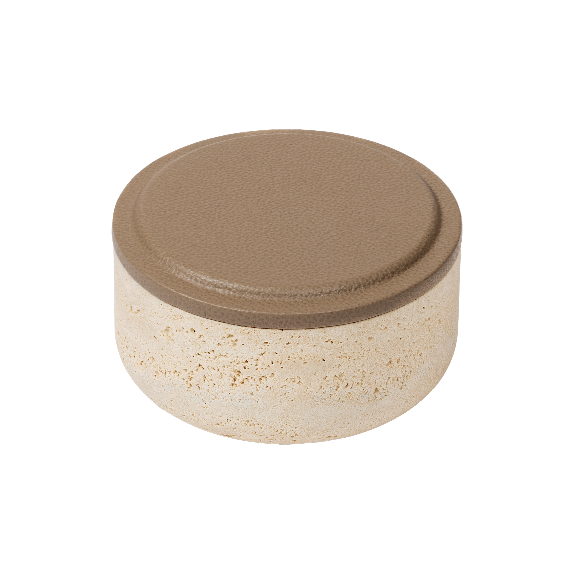 Giobagnara | Naxos Leather & Marble Bowl: Travertine marble bowl with leather-covered lid in multiple sizes | Decor / Trinket Boxes | 2Jour Concierge, your luxury lifestyle shop | luxury decorative storage, premium stone objects for expensive interiors, bedside tables, desks, and curated shelving