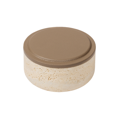 Giobagnara | Naxos Leather & Marble Bowl: Travertine marble bowl with leather-covered lid in multiple sizes | Decor / Trinket Boxes | 2Jour Concierge, your luxury lifestyle shop | luxury decorative storage, premium stone objects for expensive interiors, bedside tables, desks, and curated shelving