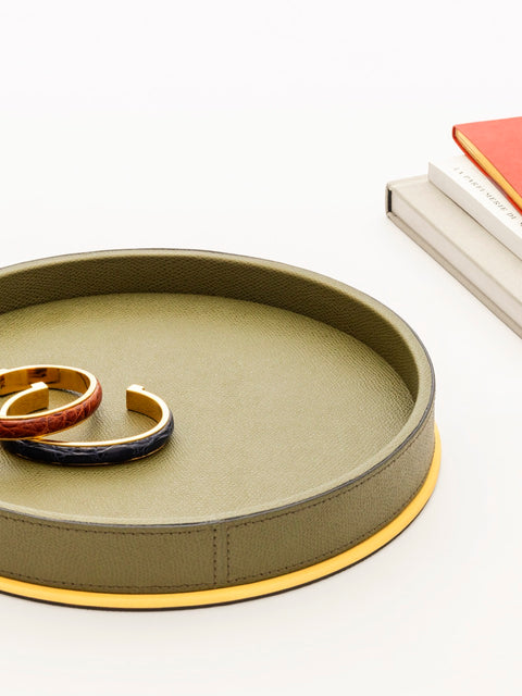 Giobagnara | Polo Leather & Metal Valet Tray: Leather-covered valet tray with metal base in multiple shapes and sizes | Decor / Valet Trays | 2Jour Concierge, your luxury lifestyle shop | premium tabletop accessories for expensive interiors, hotels, and curated hospitality environments