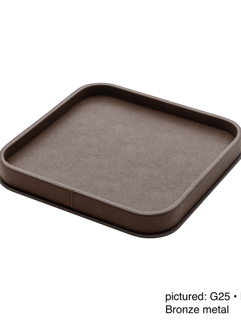 Giobagnara | Polo Leather & Metal Valet Tray: Leather-covered valet tray with metal base in multiple shapes and sizes | Decor / Valet Trays | 2Jour Concierge, your luxury lifestyle shop | premium tabletop accessories for expensive interiors, hotels, and curated hospitality environments