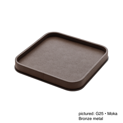 Giobagnara | Polo Leather & Metal Valet Tray: Leather-covered valet tray with metal base in multiple shapes and sizes | Decor / Valet Trays | 2Jour Concierge, your luxury lifestyle shop | premium tabletop accessories for expensive interiors, hotels, and curated hospitality environments