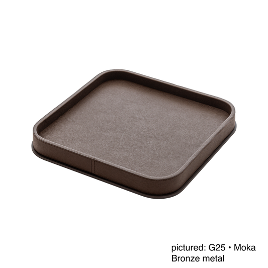 Giobagnara | Polo Leather & Metal Valet Tray: Leather-covered valet tray with metal base in multiple shapes and sizes | Decor / Valet Trays | 2Jour Concierge, your luxury lifestyle shop | premium tabletop accessories for expensive interiors, hotels, and curated hospitality environments