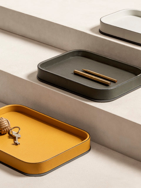 Giobagnara | Polo Rectangular Valet Tray: Leather-covered wooden valet tray with metal base | Bathroom / Bathroom Collection | 2Jour Concierge, your luxury lifestyle shop | premium surface organization for expensive interiors, bedside tables, bathrooms, desks, and curated living spaces