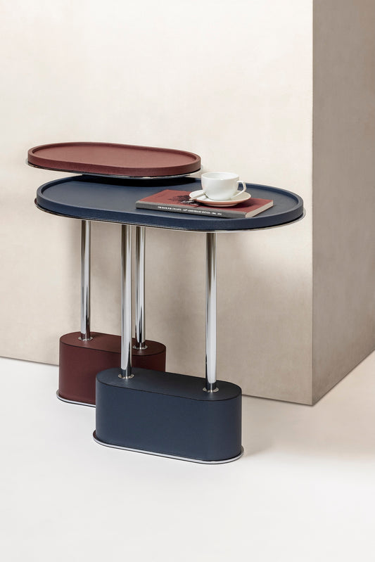 Sorrento Leather-Covered Oval Side Table with Metal Base, L