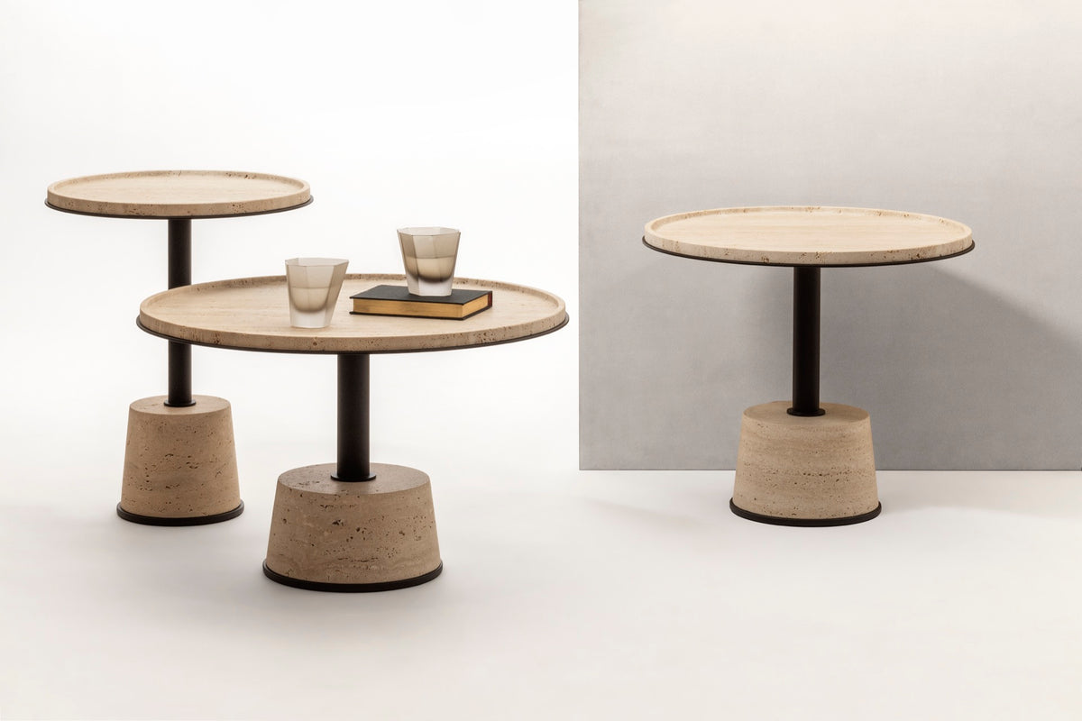 Giobagnara | Sorrento Marble Coffee Table: Round marble top and leather base on slender metal stem with metal rings — small, medium, large | Furniture | 2Jour Concierge, your luxury lifestyle shop | luxury marble coffee table, Giobagnara Sorrento, leather base coffee table, Italian designer furniture