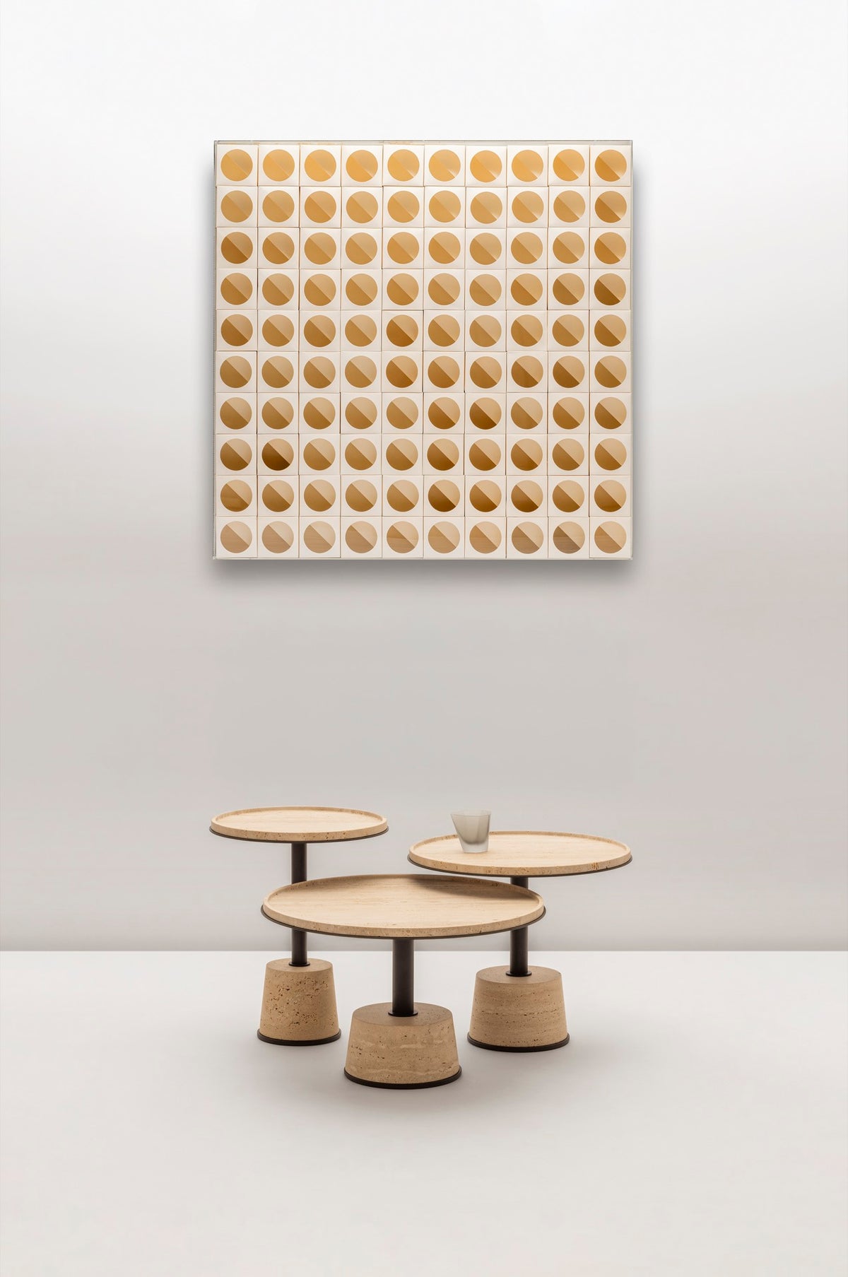Giobagnara | Sorrento Marble Coffee Table: Round marble top and leather base on slender metal stem with metal rings — small, medium, large | Furniture | 2Jour Concierge, your luxury lifestyle shop | luxury marble coffee table, Giobagnara Sorrento, leather base coffee table, Italian designer furniture
