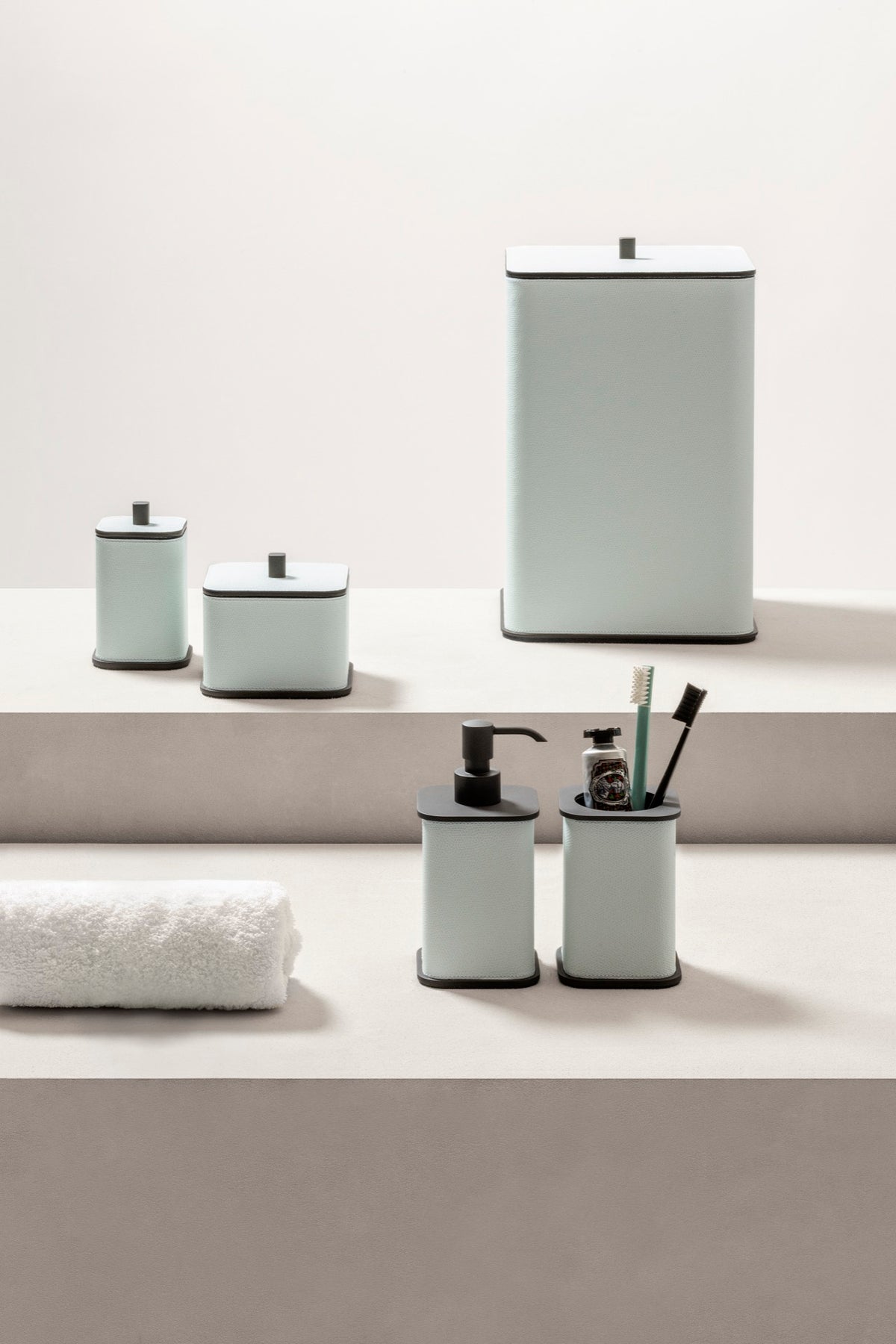 Giobagnara | Polo Leather Bathroom Set: Leather-covered body with rounded silhouette and metal pump in chrome, bronze, or brass | The Bathroom | 2Jour Concierge, your luxury lifestyle shop | luxury soap dispenser, Giobagnara Polo, leather bathroom accessory, Italian designer soap dispenser