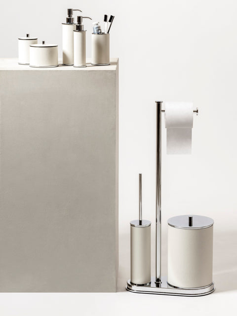 Positano Leather-Covered Brass Freestanding Toilet Brush and Paper Holder with Bin