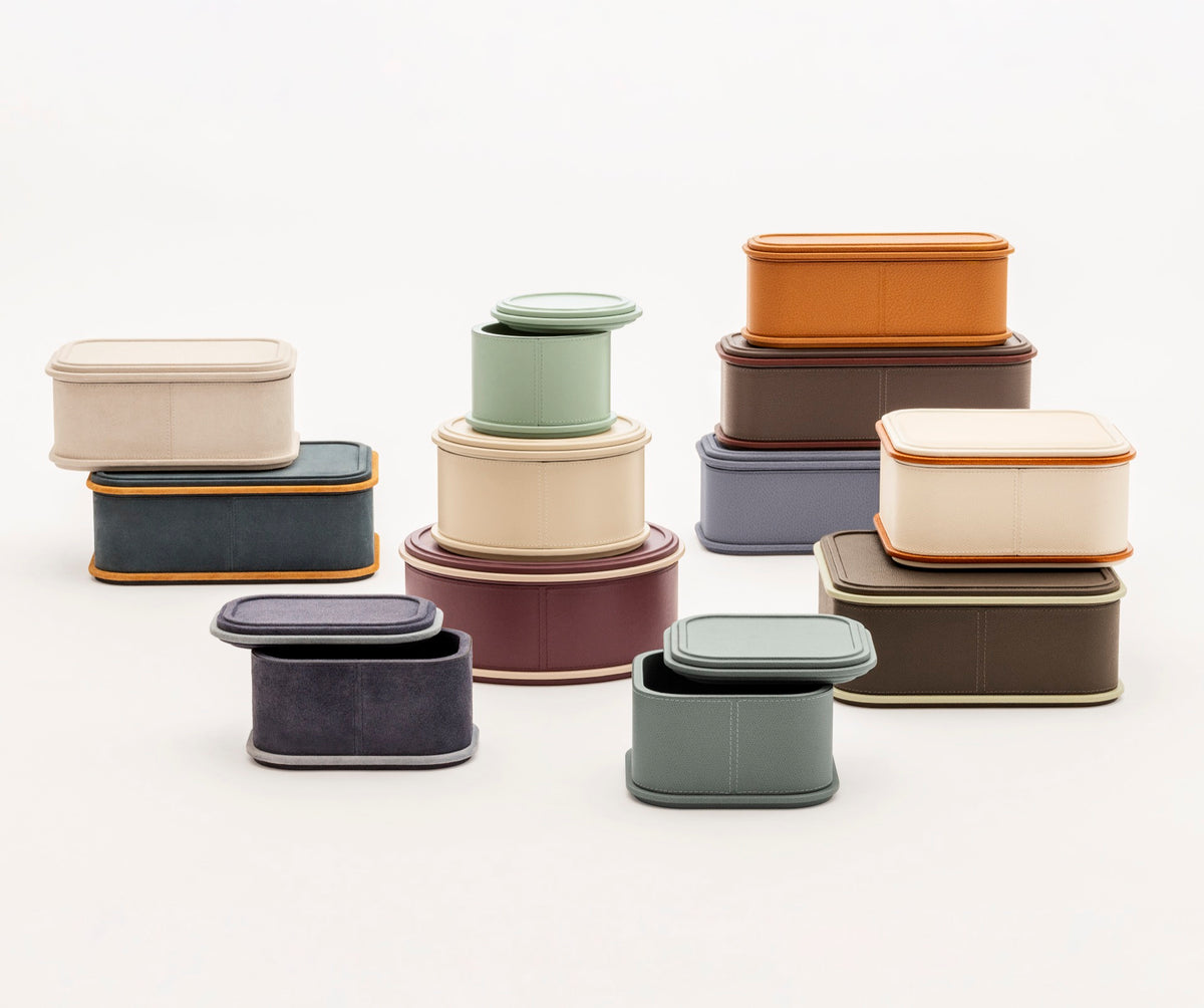 Giobagnara | Rolli Trinket Box: Leather-covered box with layered architectural profiles, monochrome and bicolor, in square, rectangular, long rectangular, and round forms | Decor | 2Jour Concierge, your luxury lifestyle shop | luxury trinket box, Giobagnara Rolli, architectural leather box, Italian designer box