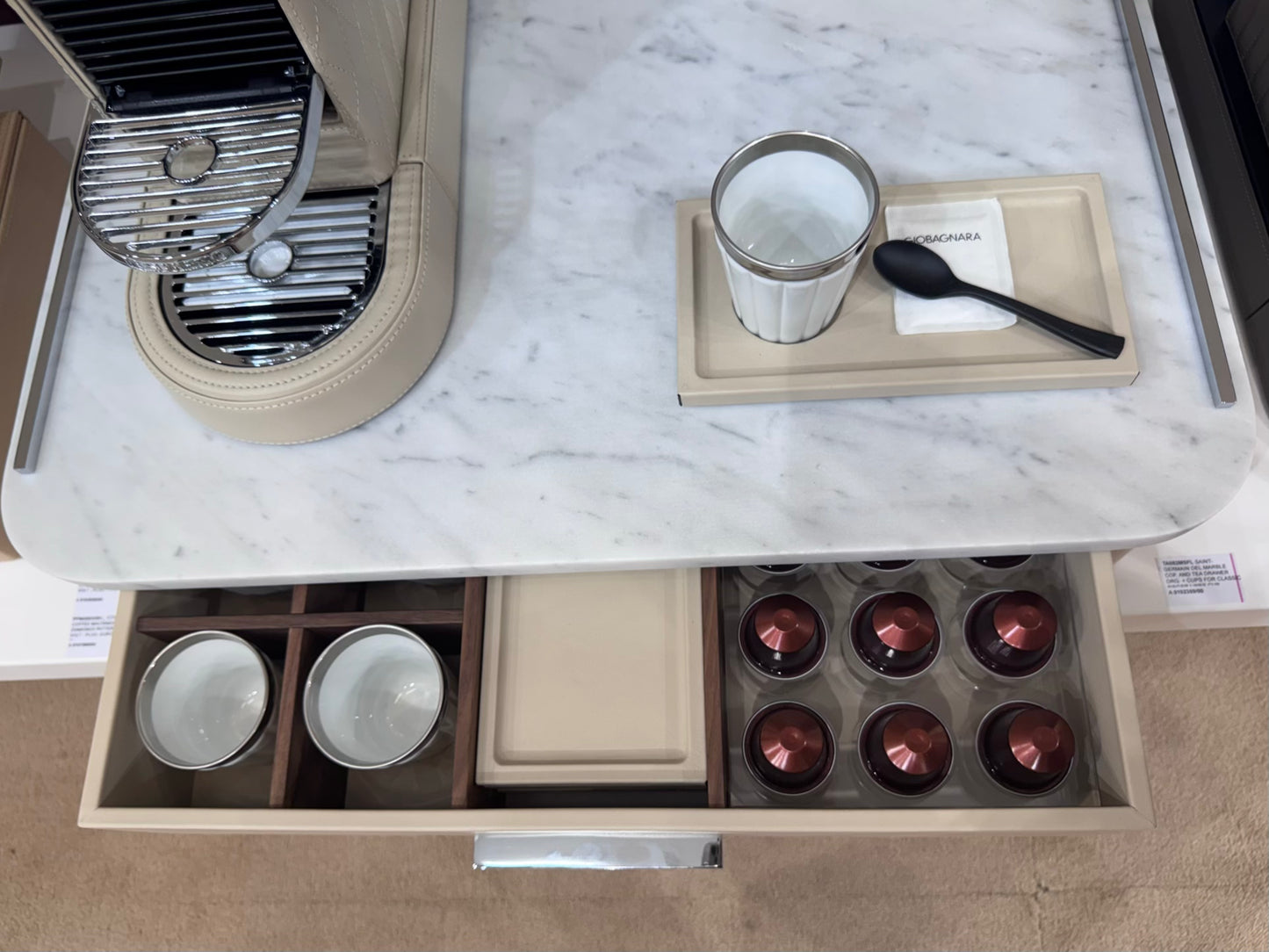 Saint-Germain Deluxe Leather-Covered Wood Coffee and Tea Drawer Organizer w Marble Top
