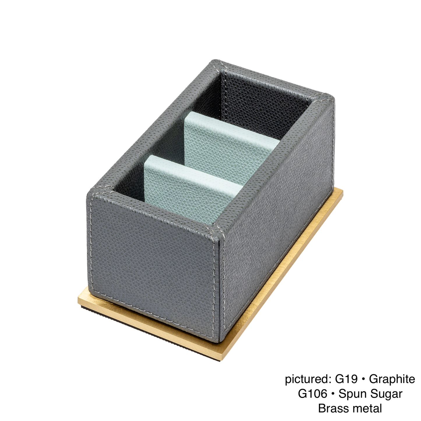 Giobagnara | Firenze Sugar Packet Holder: Leather-covered wooden sugar packet holder with metal base and dividers | Serveware + Hospitality / Tabletop + Condiment Accessories | 2Jour Concierge, your luxury lifestyle shop | premium tabletop organization for expensive interiors, coffee stations, hospitality counters, and curated service settings