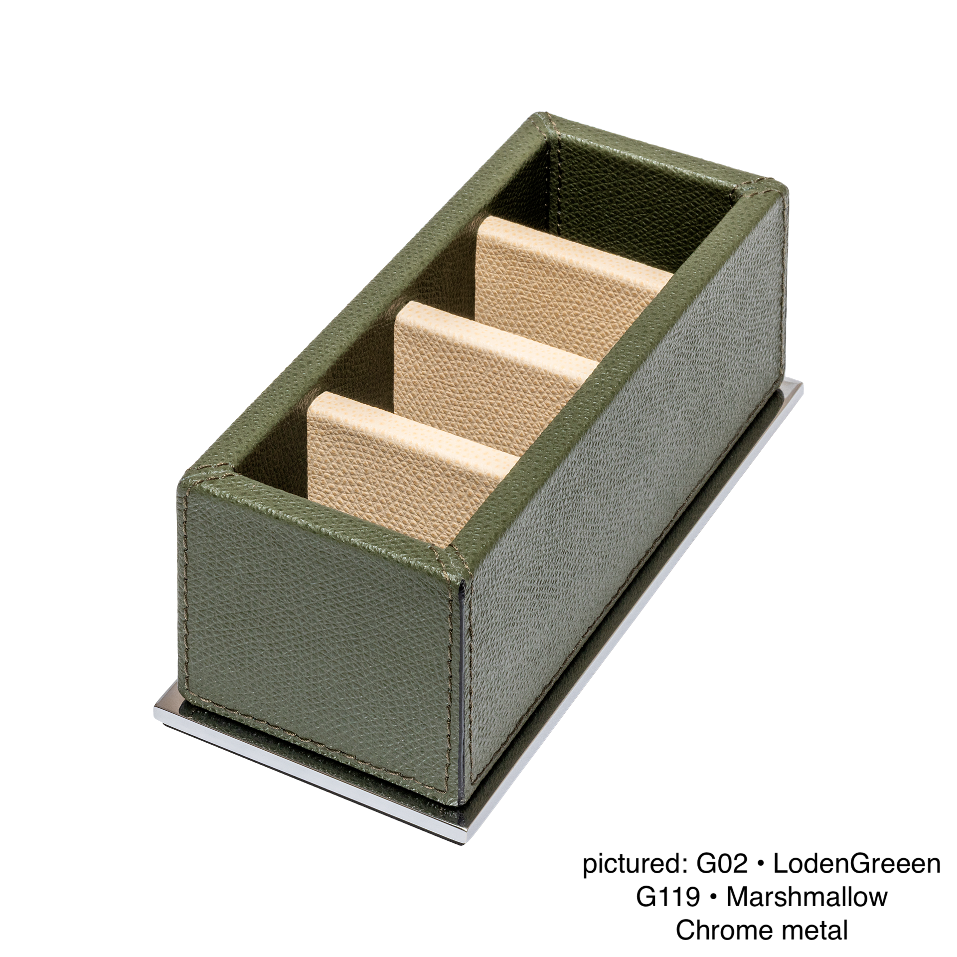 Giobagnara | Firenze Sugar Packet Holder: Leather-covered wooden sugar packet holder with metal base and dividers | Serveware + Hospitality / Tabletop + Condiment Accessories | 2Jour Concierge, your luxury lifestyle shop | premium tabletop organization for expensive interiors, coffee stations, hospitality counters, and curated service settings