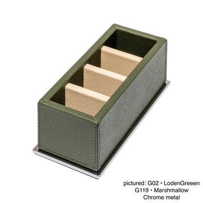 Giobagnara | Firenze Sugar Packet Holder: Leather-covered wooden sugar packet holder with metal base and dividers | Serveware + Hospitality / Tabletop + Condiment Accessories | 2Jour Concierge, your luxury lifestyle shop | premium tabletop organization for expensive interiors, coffee stations, hospitality counters, and curated service settings