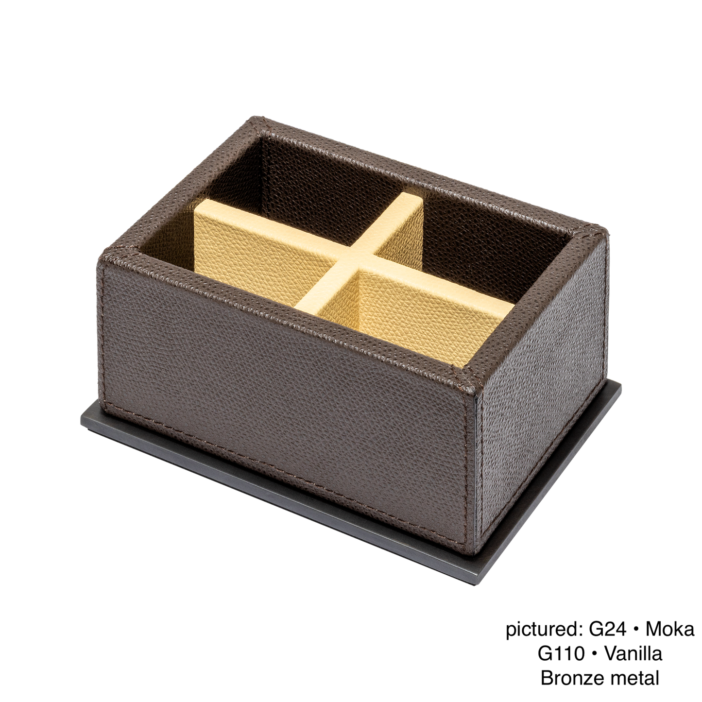Giobagnara | Firenze Sugar Packet Holder: Leather-covered wooden sugar packet holder with metal base and dividers | Serveware + Hospitality / Tabletop + Condiment Accessories | 2Jour Concierge, your luxury lifestyle shop | premium tabletop organization for expensive interiors, coffee stations, hospitality counters, and curated service settings