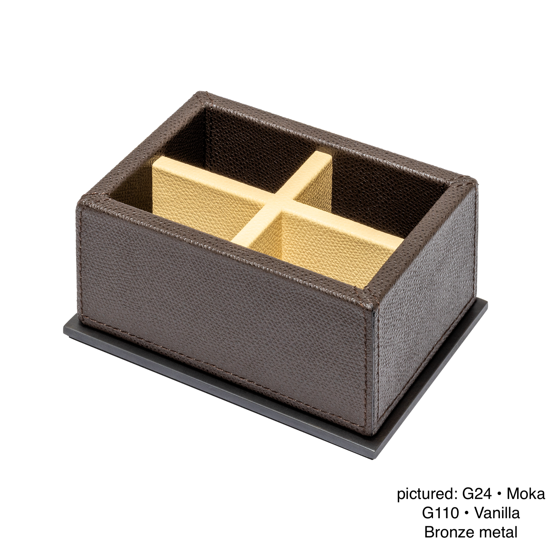 Giobagnara | Firenze Sugar Packet Holder: Leather-covered wooden sugar packet holder with metal base and dividers | Serveware + Hospitality / Tabletop + Condiment Accessories | 2Jour Concierge, your luxury lifestyle shop | premium tabletop organization for expensive interiors, coffee stations, hospitality counters, and curated service settings