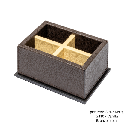 Giobagnara | Firenze Sugar Packet Holder: Leather-covered wooden sugar packet holder with metal base and dividers | Serveware + Hospitality / Tabletop + Condiment Accessories | 2Jour Concierge, your luxury lifestyle shop | premium tabletop organization for expensive interiors, coffee stations, hospitality counters, and curated service settings