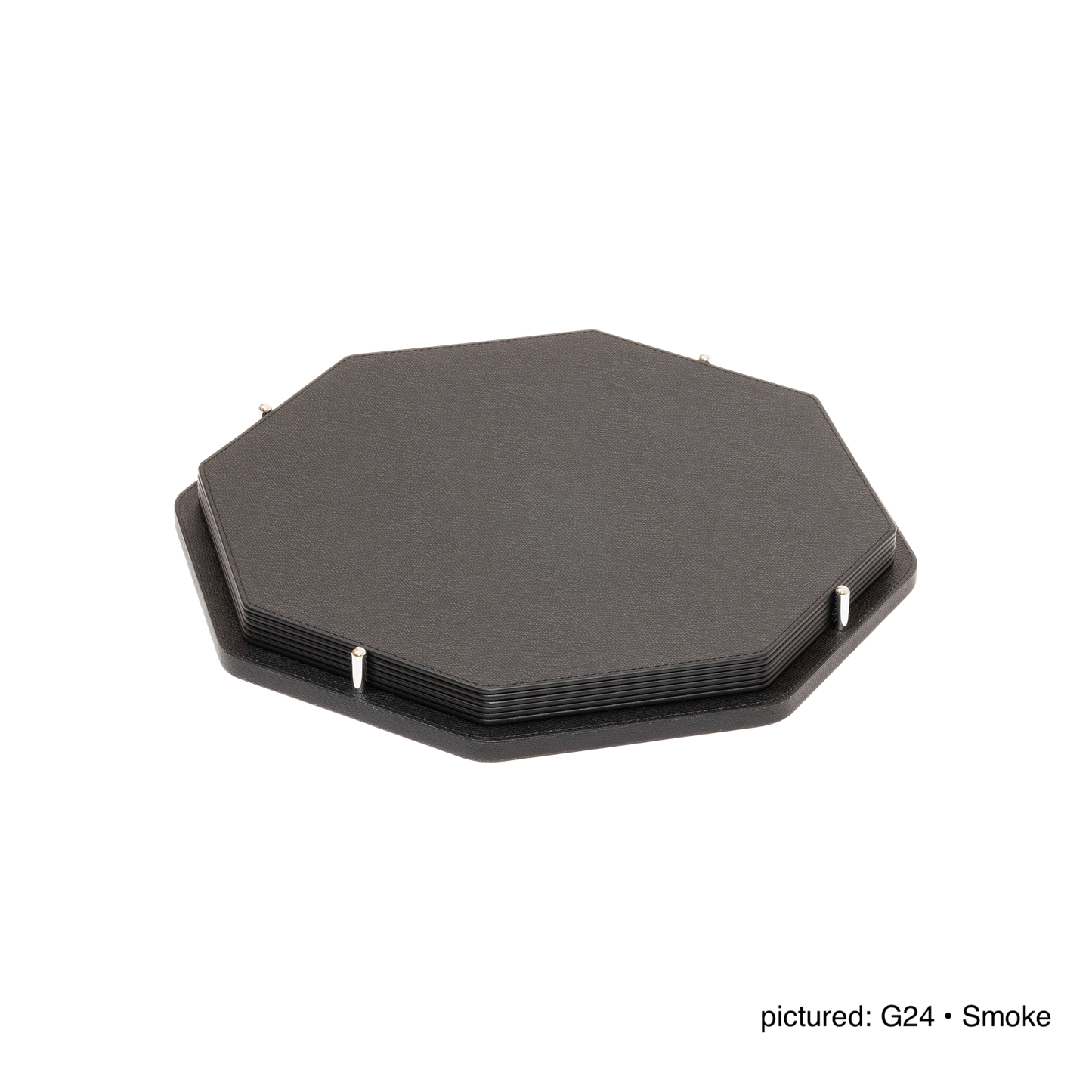 David Leather-Covered Placemat Holder, Octagonal with 6 Placemats & Polished Metal Pins