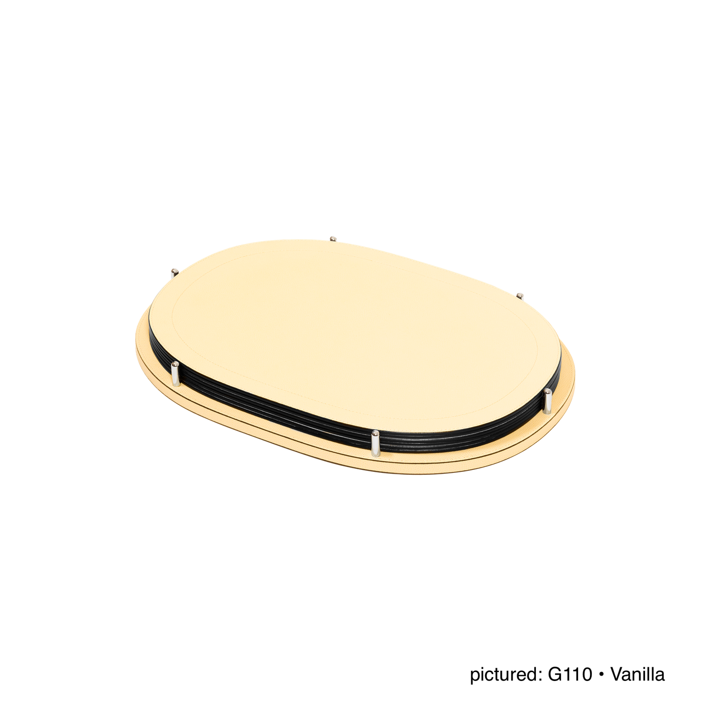 David Leather-Covered Placemat Holder, Oval with 6 Placemats & Polished Metal Pins