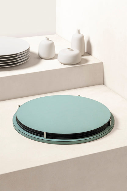 David Leather-Covered Placemat Holder, Round with 6 Placemats & Polished Metal Pins