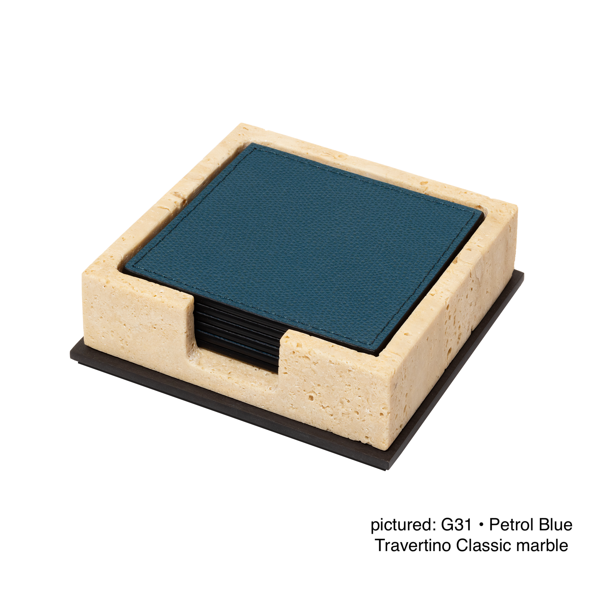 Giobagnara | Firenze Marble Coaster Holder Square: Marble coaster holder with six leather coasters and metal base | Serveware + Hospitality / Coasters | 2Jour Concierge, your luxury lifestyle shop | premium table accessories for expensive interiors, dining tables, coffee tables, and refined hospitality spaces