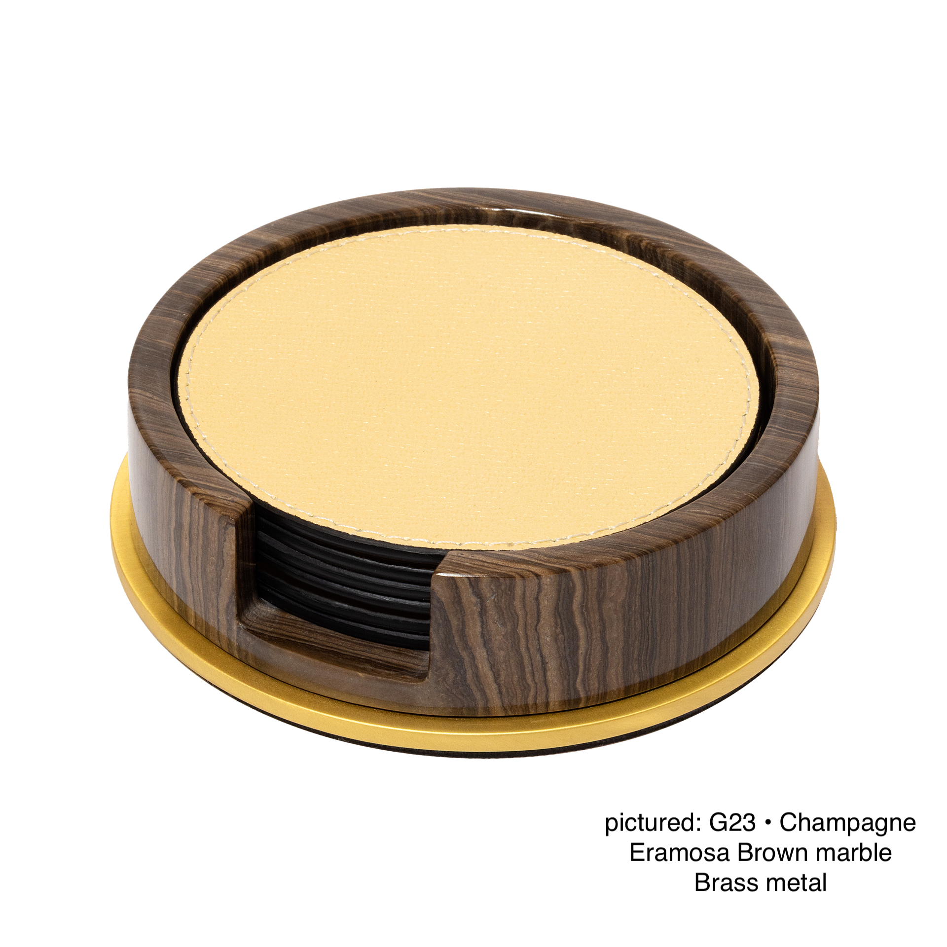 Giobagnara | Positano Marble Coaster Holder Round: Marble coaster holder with six leather coasters and metal base | Serveware + Hospitality / Coasters | 2Jour Concierge, your luxury lifestyle shop | high-end table accessories for expensive interiors, lounges, and curated dining settings